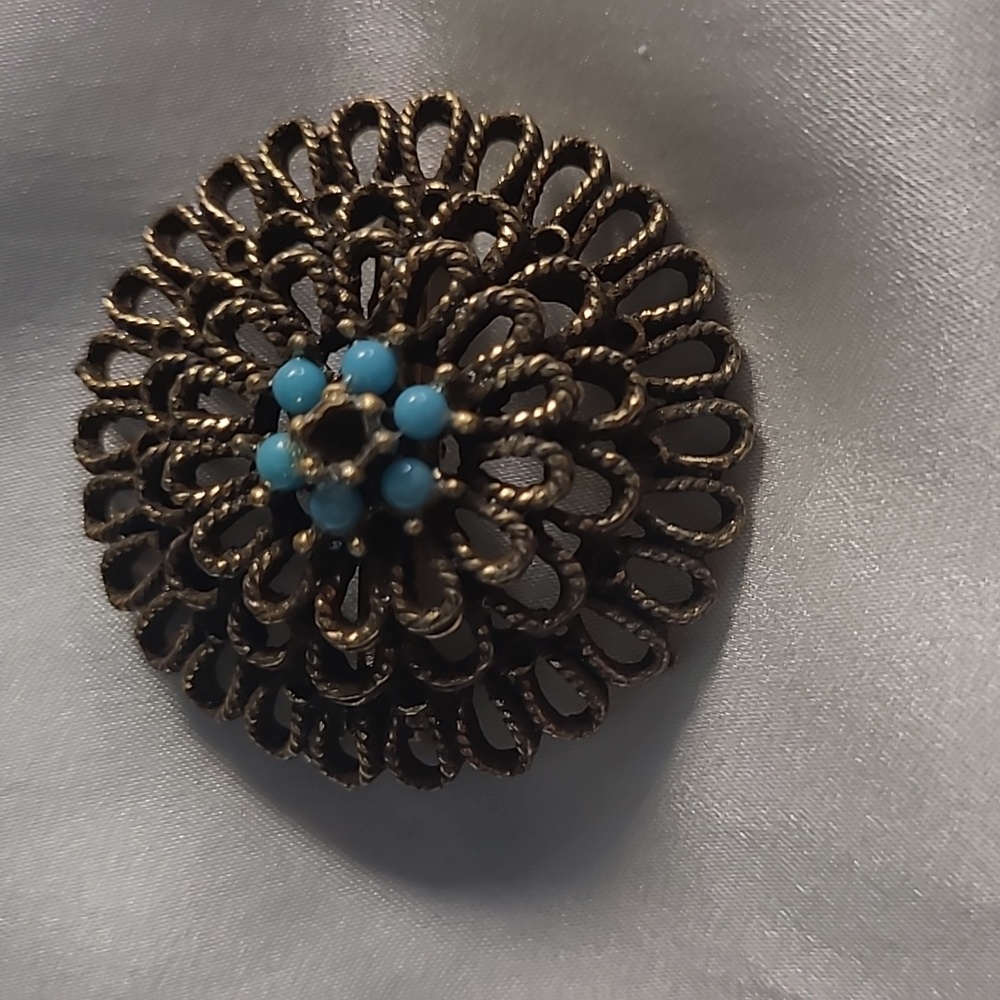 Elegant Bronze and Turquoise Toned Floral Brooch